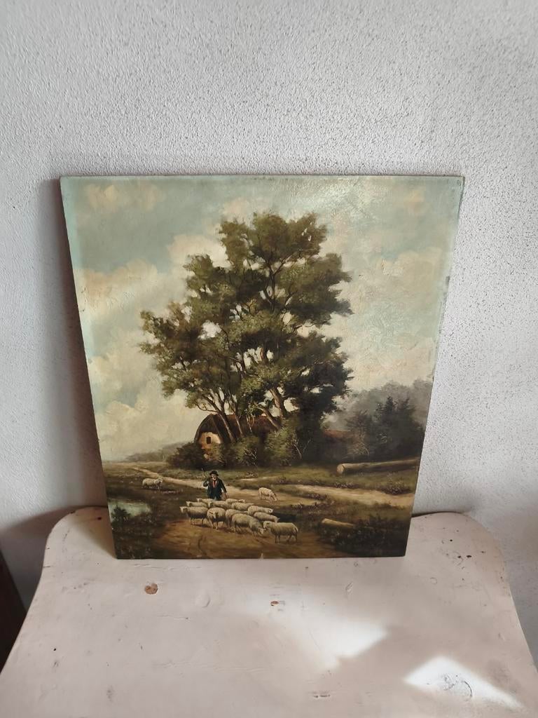 Oud olieverf schilderij schapen houten paneel * schapenweide, Antiek en Kunst, Curiosa en Brocante, Ophalen
