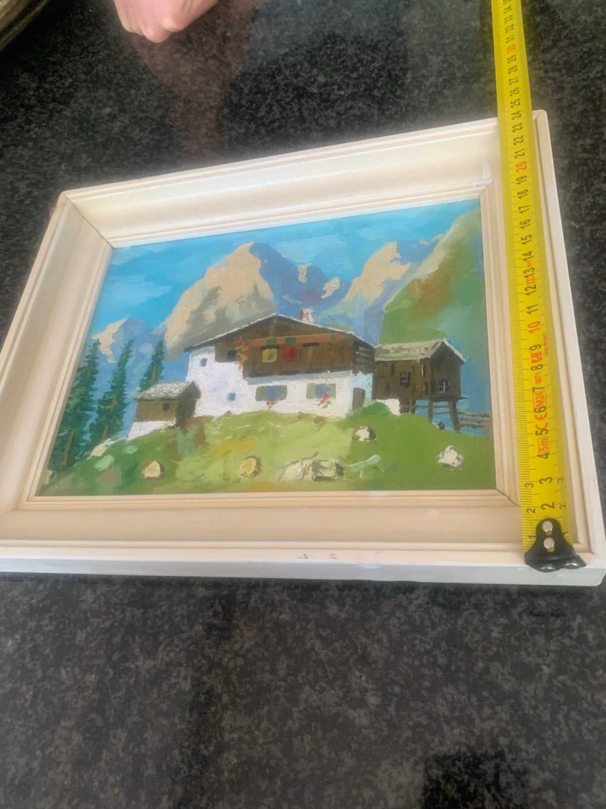 Schilderij berglandschap met huisjes, olieverf, Doek, Realistisch, Ophalen of Verzenden, Landschap