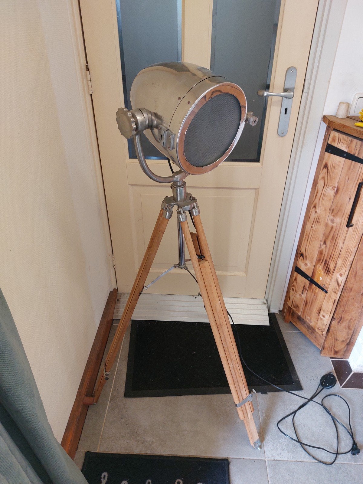 cutter wood lamp spot  teak tripod statief houten zoeklicht, Ophalen, Gebruikt, Industrieel  werkspot vloerlamp vintage retro