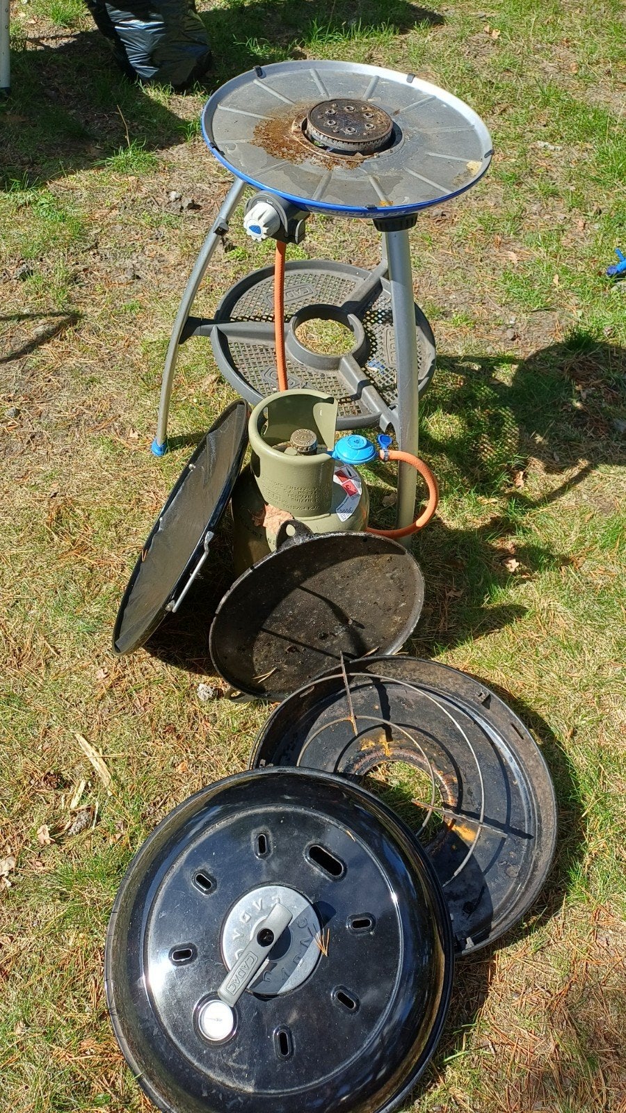 Camping kooktoestel met gasfles en diverse pannen, Ophalen, Gebruikt