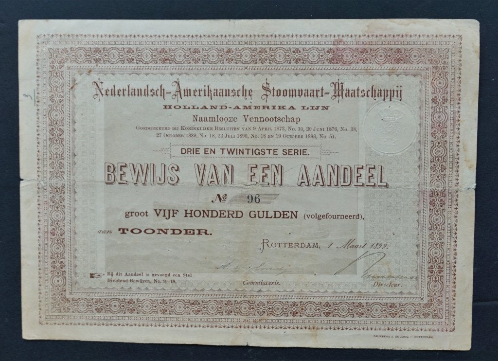 Ned. Amerikaansche Stoomvaart Mij (Holland Amerika Lijn), Postzegels en Munten, Verzenden, Voor 1920, Aandeel