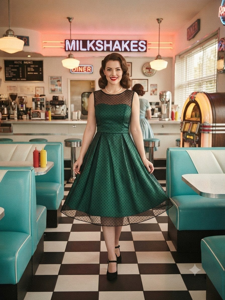 Lindy Bop Leona mesh polkadot groen maat 34 xs swingjurk, Galajurk, Zwart, Ophalen of Verzenden, Zo goed als nieuw
