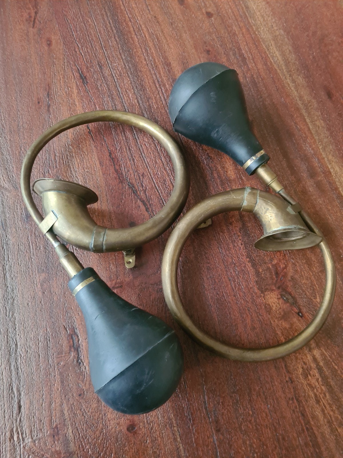 Set van 2 Antieke Messing Claxons met Rubberen Balg, Antiek en Kunst, Ophalen of Verzenden