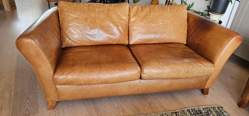 2,5 zits leren bank LEDERLAND (Buffelleer) Cognac., Gebruikt, 150 tot 200 cm, Ophalen of Verzenden, Rechte bank