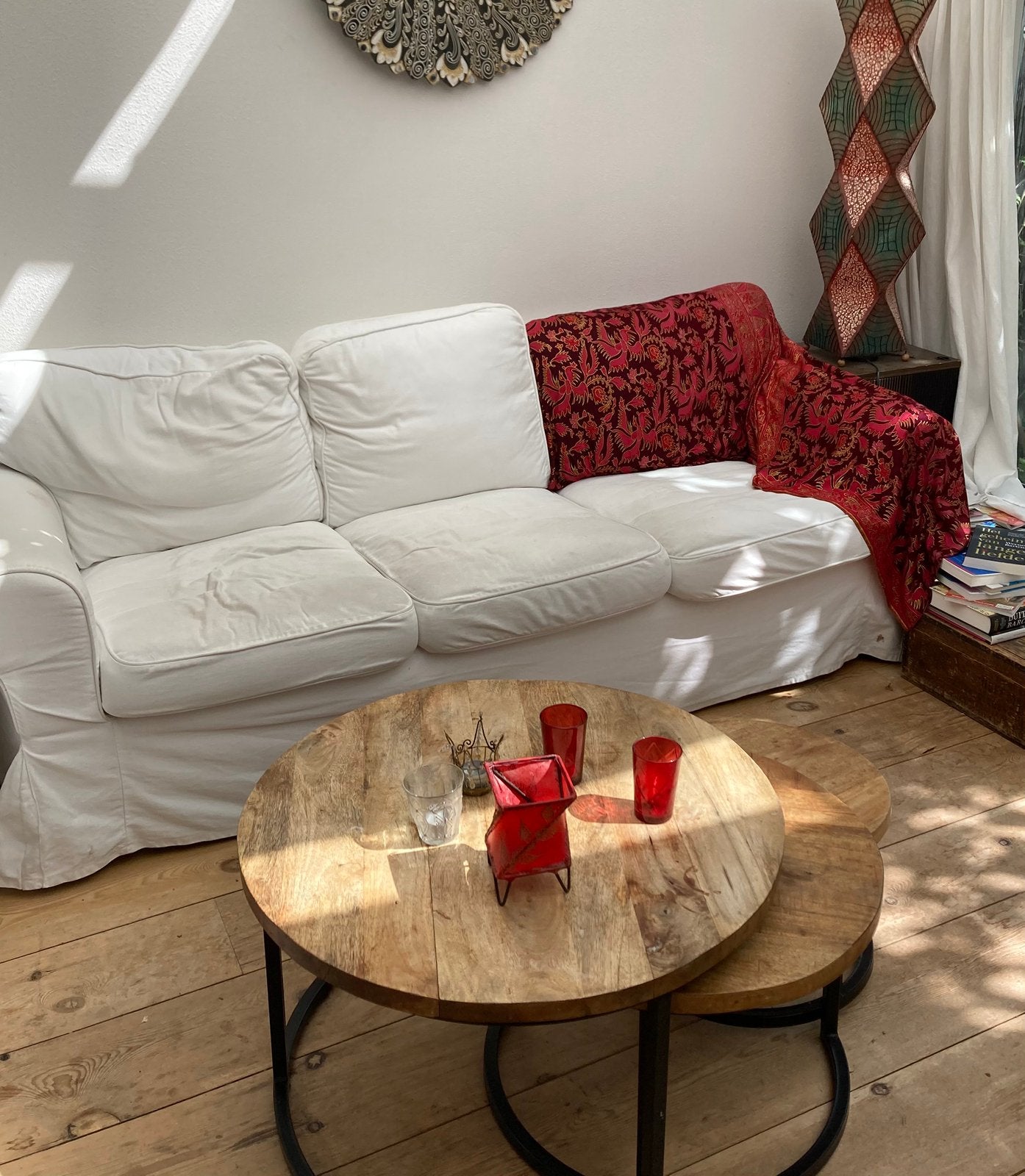 3  ronde bijzettafeltjes mangohout woonkamer en tuin, Huis en Inrichting, Tafels | Salontafels, Ophalen, Rond, 50 tot 100 cm, Zo goed als nieuw