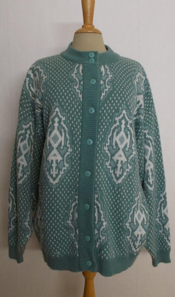 Folklore/trachten groen/wit vintage wol mix print vest! XL, Kleding | Dames, Verzenden, Zo goed als nieuw, Maat 46/48 (XL) of groter