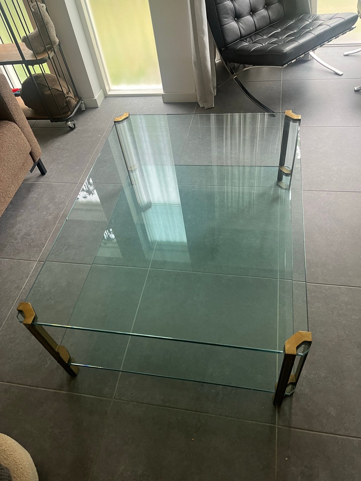 Glazen tweelaagse salontafel Peter Ghyczy, Ophalen, Gebruikt, 100 tot 150 cm, 50 tot 100 cm