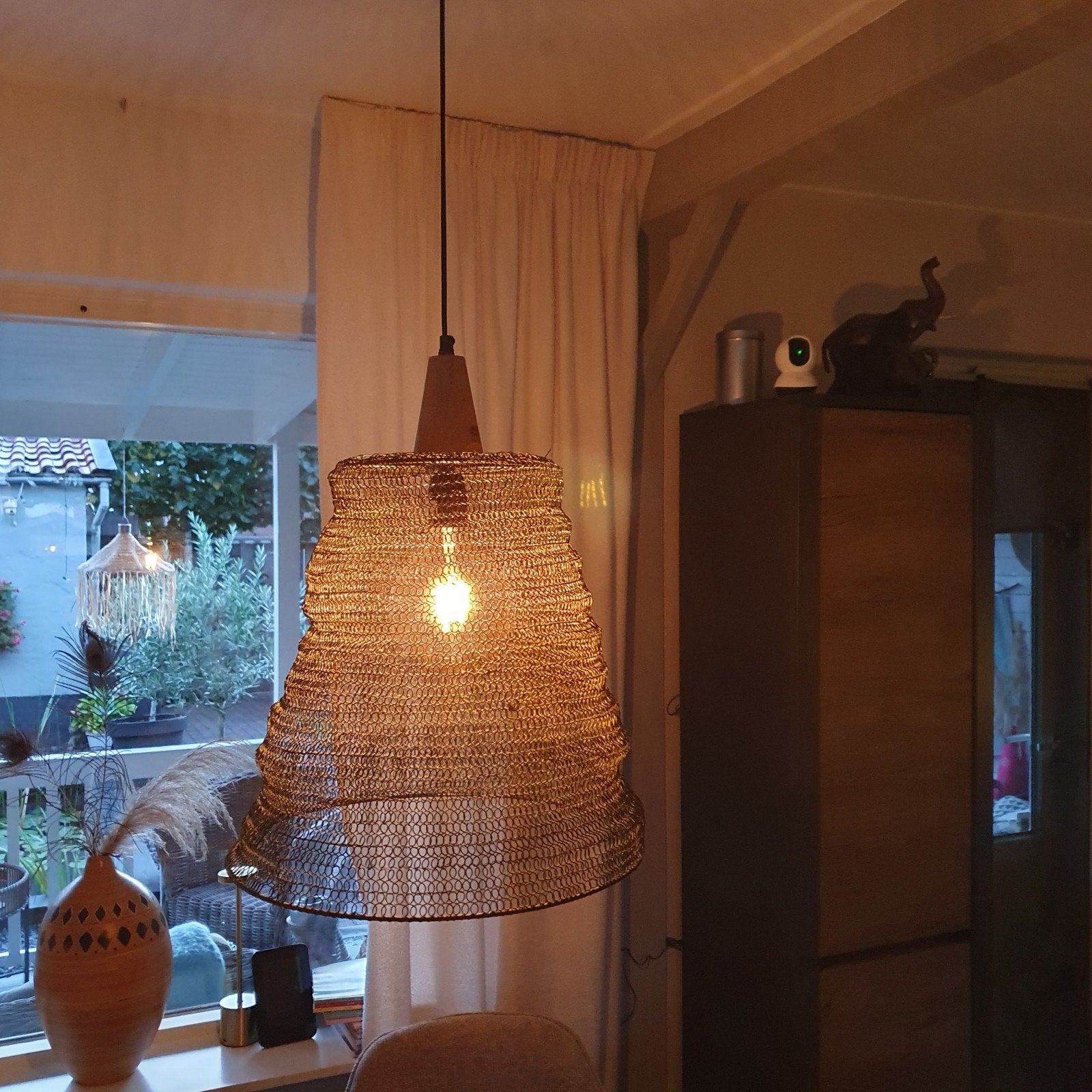 PTMD Hanglamp - Zwart metaal met houten detail, Zo goed als nieuw, Industrieel, Bohemian, Modern, Hout, E27 (groot)