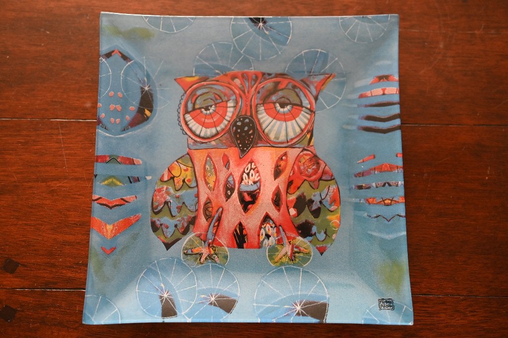 Glazen schaal met uil decoratie, Schaal, Vierkant, Ophalen of Verzenden, Glas
