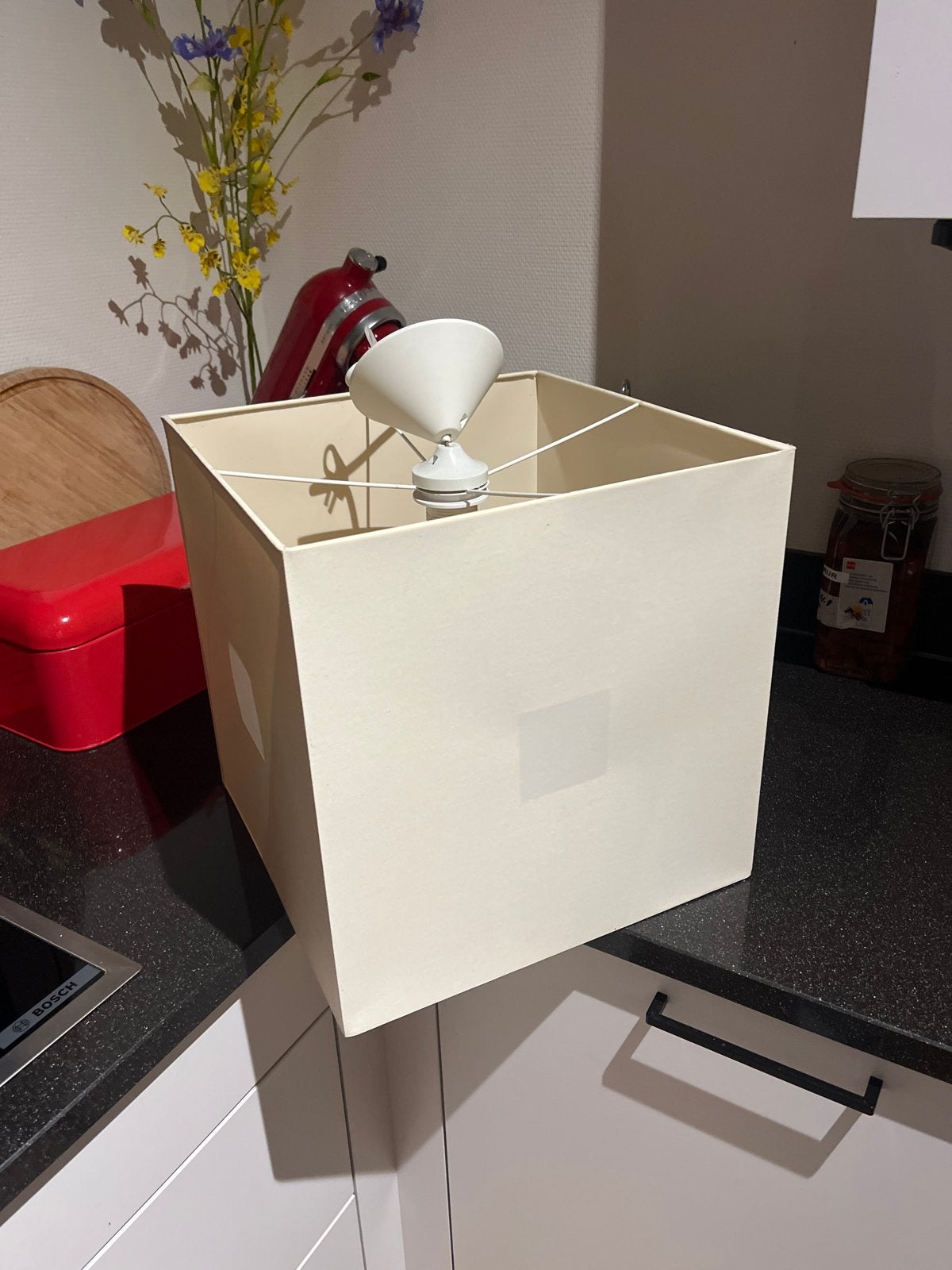 Crèmekleurige vierkante lampenkap, Hanglamp, Gebruikt, Vierkant, Ophalen of Verzenden