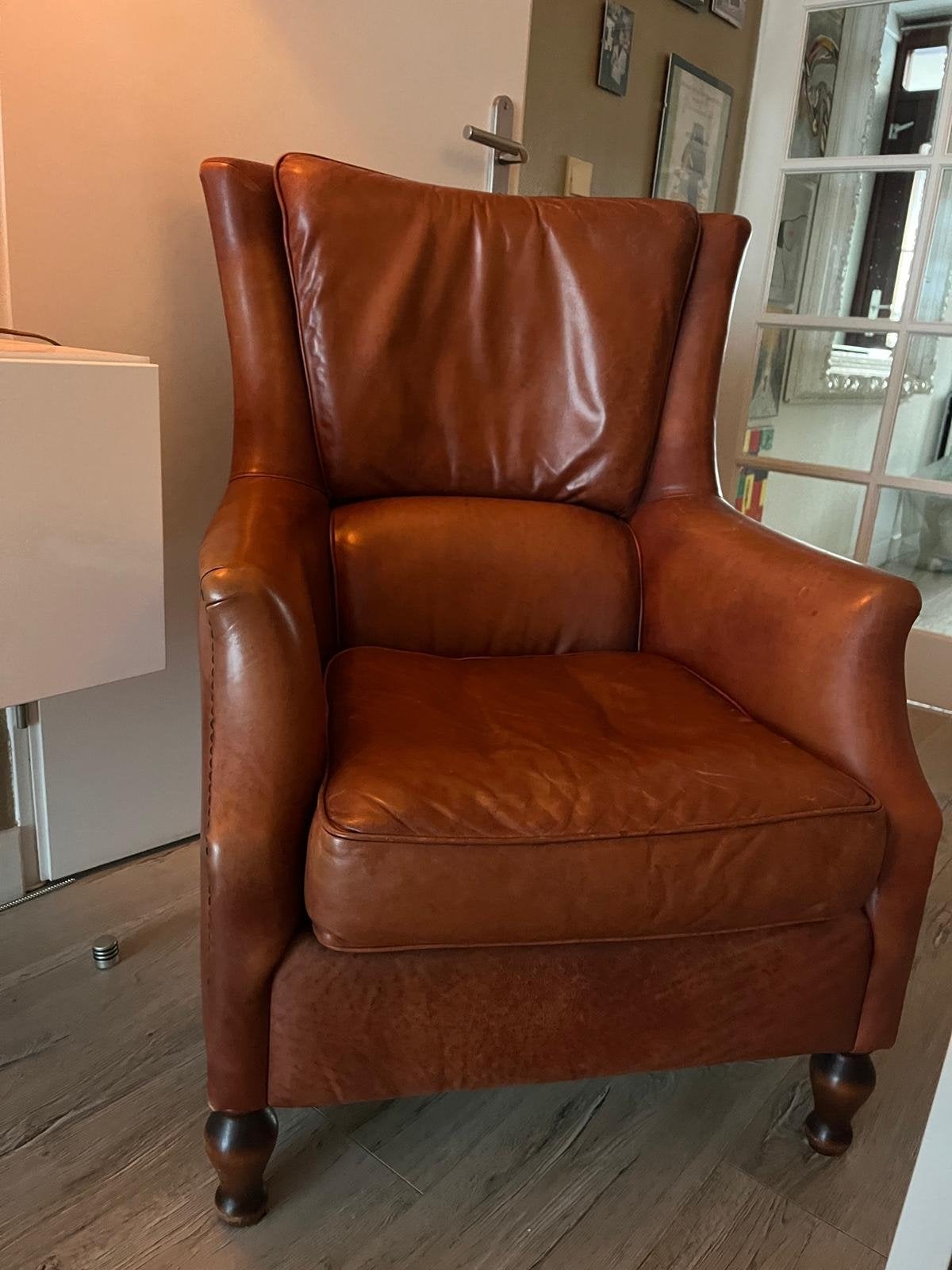 Luxe Cognac Oorfauteuil | Engelse Clubstoel |, Ophalen of Verzenden, Zo goed als nieuw, Leer, 75 tot 100 cm