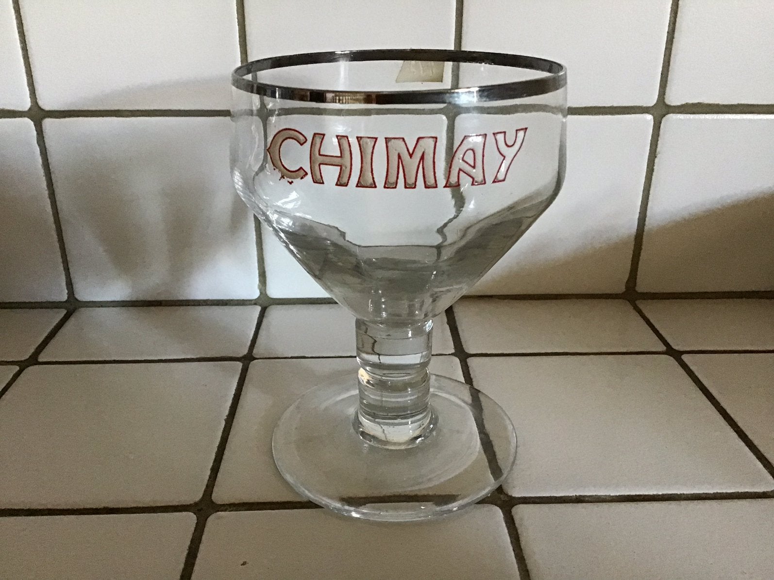 Oud bierglas trappist Chimay emaillee, Verzamelen, Biermerken, Ophalen of Verzenden, Zo goed als nieuw, Glas of Glazen, Overige merken