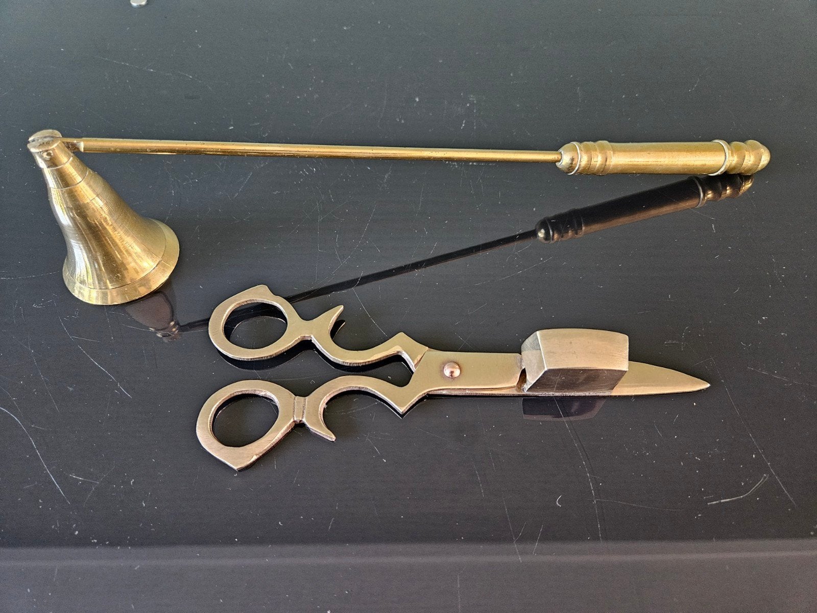 Antieke koperen kaarsensnuiter en kaarsendover set, messing, Ophalen of Verzenden, Koper of Brons