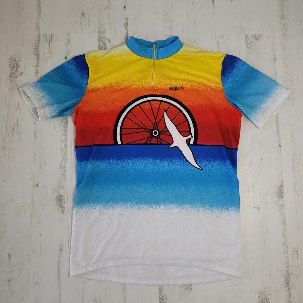 AGU vintage fietsshirt jersey 8 M vogel wiel logo blauw rood, Ophalen of Verzenden, Zo goed als nieuw, Bovenkleding, AGU