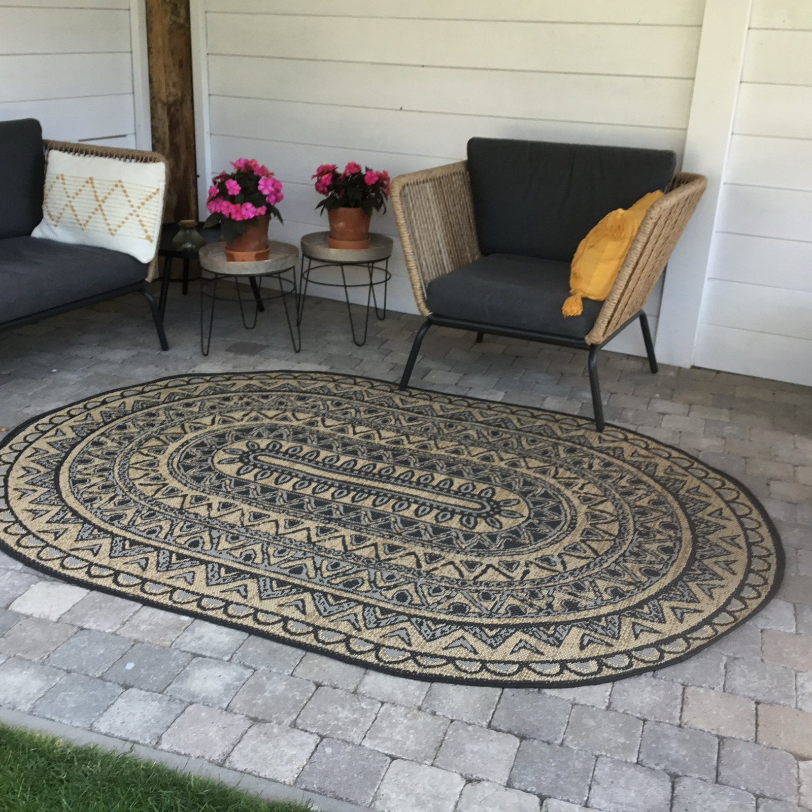 Ovaal Jute Vloerkleed - Zwart/Naturel met Patroon, Ophalen, Zo goed als nieuw, Zwart, Ovaal