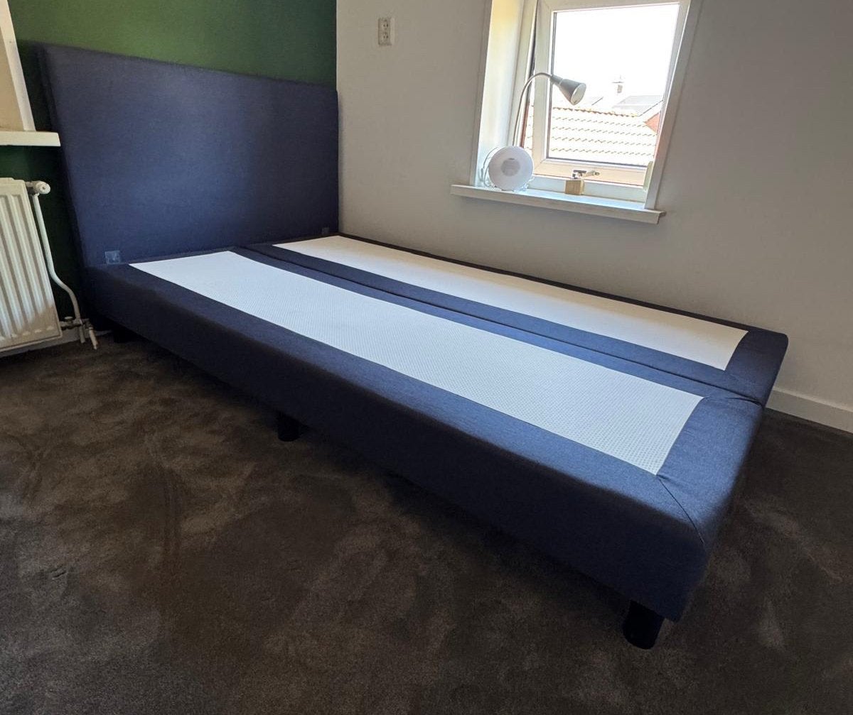 Bed boxpring 120x200, Ophalen, Gebruikt, Blauw, Twijfelaar