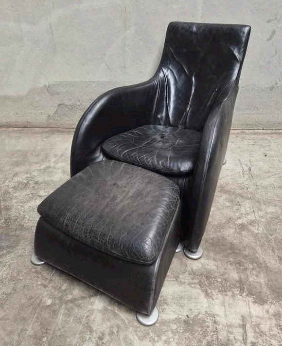 Montis vintage design klassieker zwart leder met poef!, Ophalen, Gebruikt, Geen, Geen