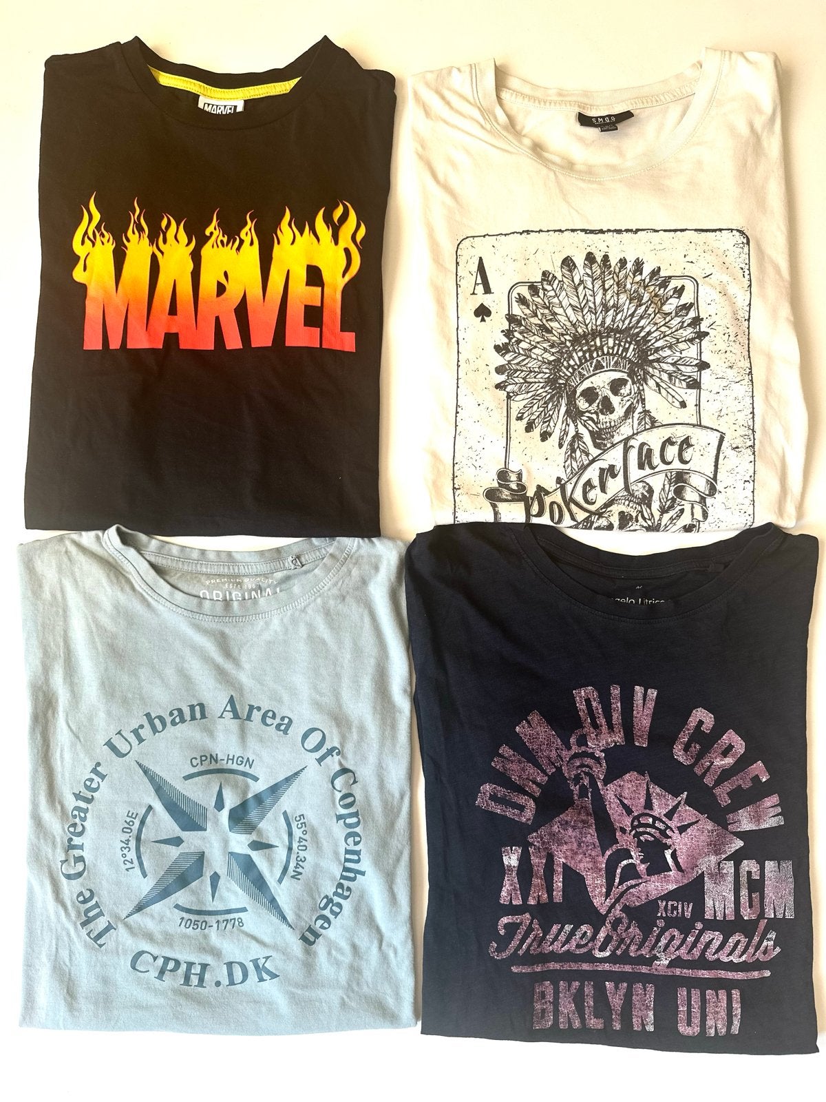 4 Heren T-shirts: Marvel, Pokerface, Kopenhagen, TrueOrigina, Ophalen of Verzenden, Gedragen, Maat 48/50 (M), Meerkleurig