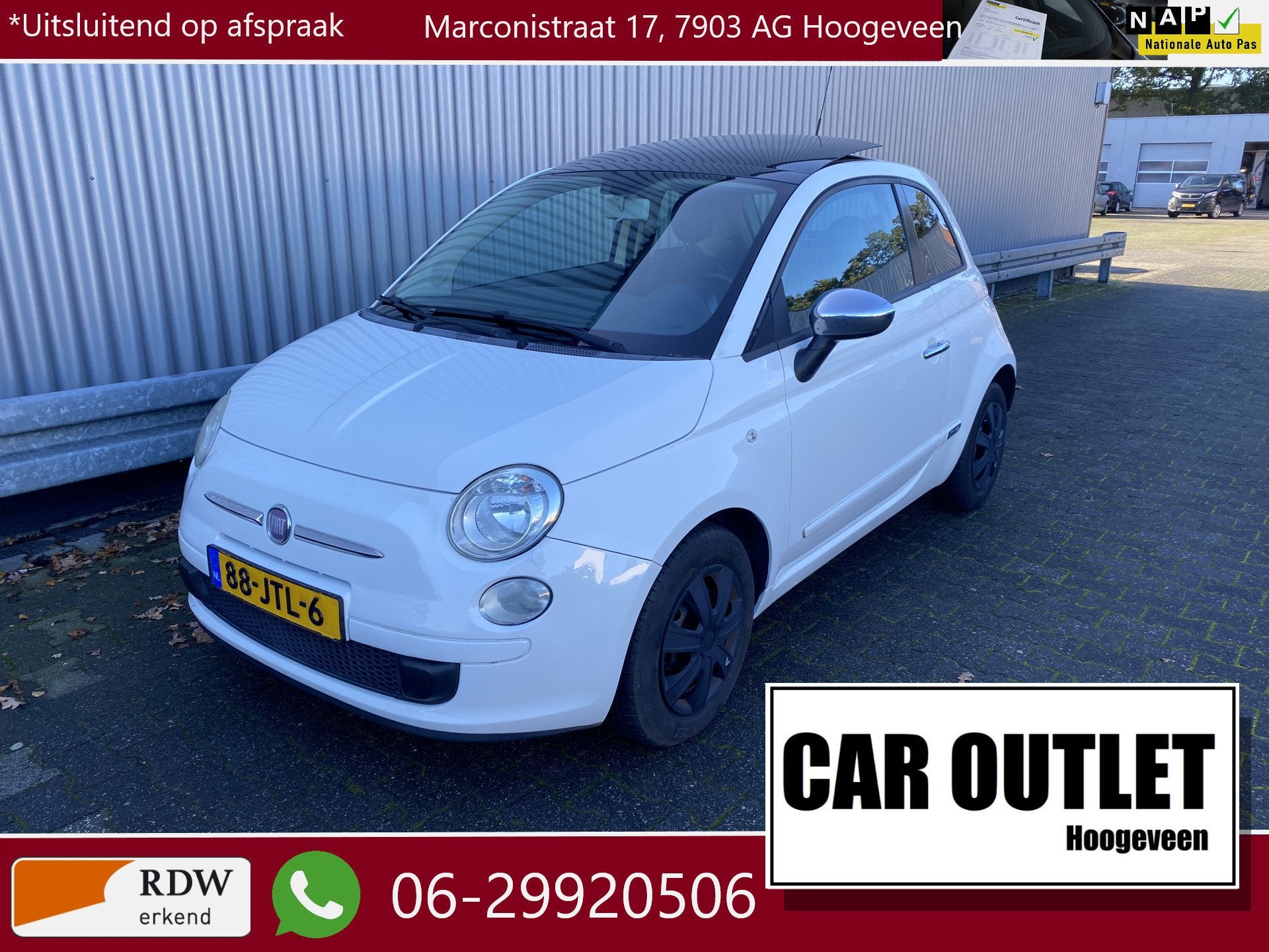 Fiat 500 1.2 Sport AUTOMAAT, 154Dkm.NAP, Clima, Pano, PDC, n, Euro 5, 4 cilinders, Leder en Stof, Wit