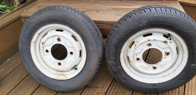 Banden met velgen voor vouwwagen  2 stuks, Auto diversen, Aanhangwagen-onderdelen, Ophalen, Gebruikt