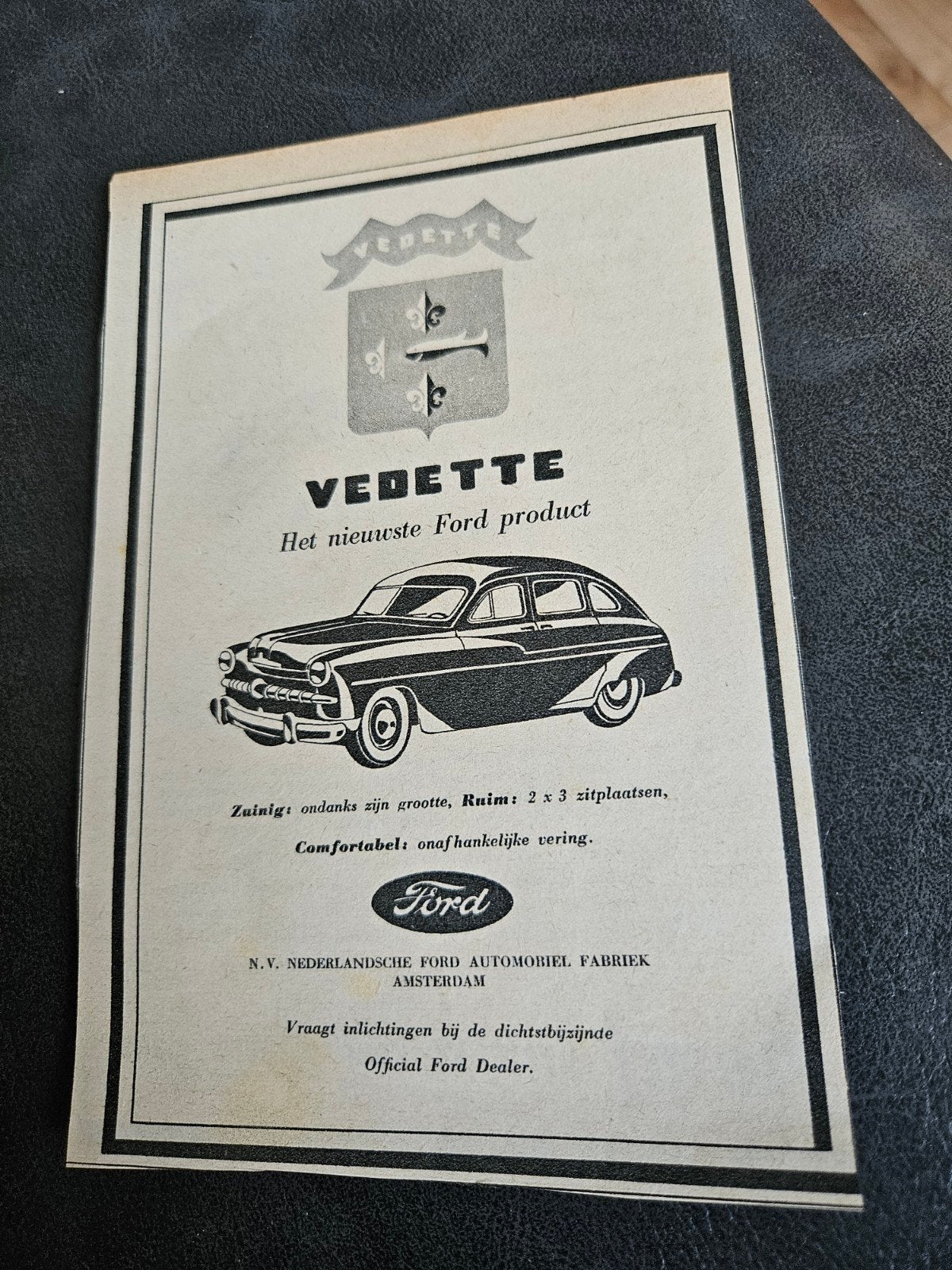 Ford Vedette knipsel 1949 - Het nieuwste Ford product, Ophalen of Verzenden, Knipsel(s)