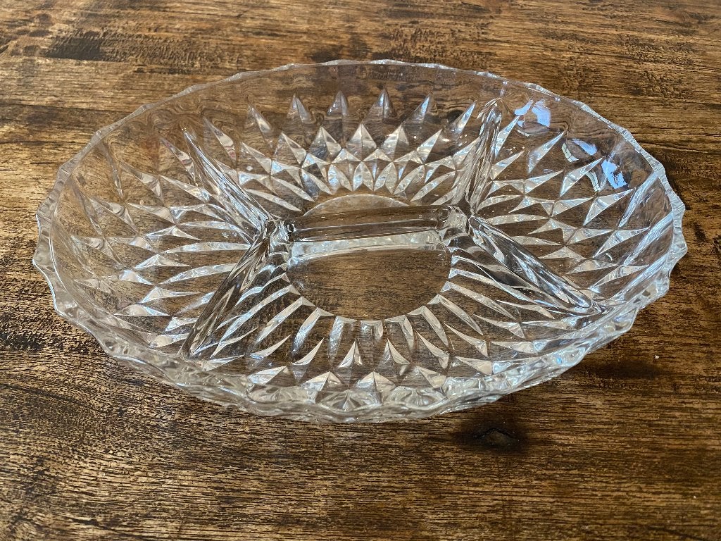 Vintage glazen hapjesschaal (ovaal) met 4 vakken jaren 70/80, Ophalen of Verzenden
