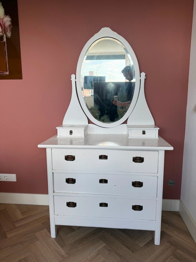 Vintage dressoir / commode met ovale spiegel – Wit, Ophalen, Gebruikt, 50 tot 100 cm, Met lade(s)