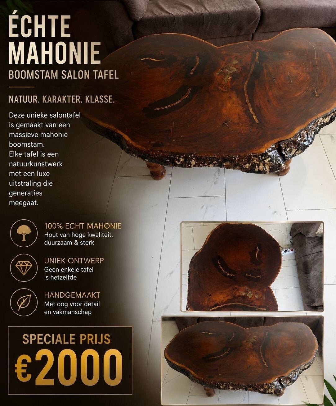 Unieke Mahonie Boomstam Salontafel - Handgemaak, Ophalen, Gebruikt, 50 tot 100 cm, Overige vormen