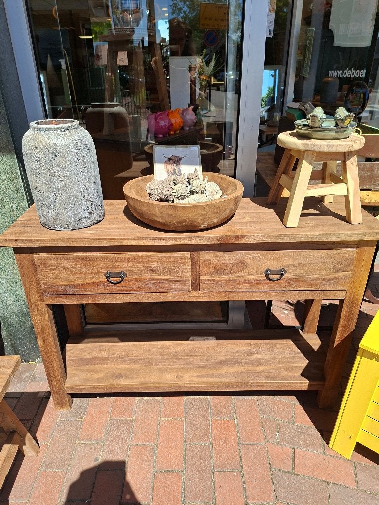 Robuuste oud teakhouten sidetable 2 lades plateau, Ophalen, 100 tot 150 cm, Teakhout, Zo goed als nieuw