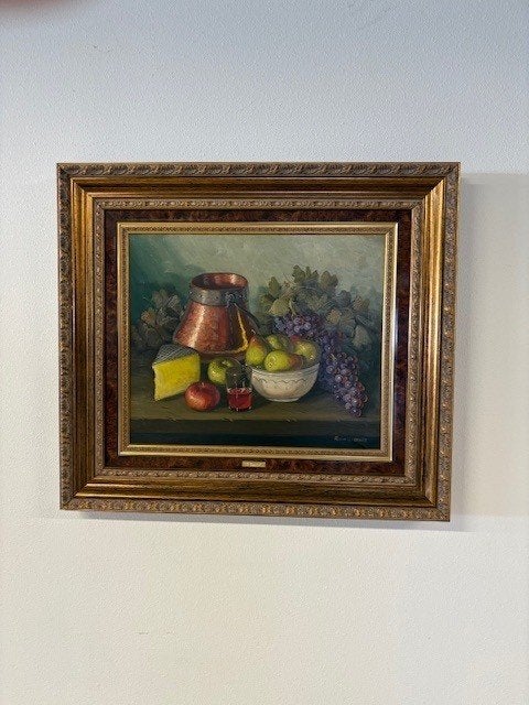 Koperen pot met fruit, Antiek en Kunst, Kunst | Schilderijen | Klassiek, Ophalen, Doek, Oud hollands, Bijzondere lijst