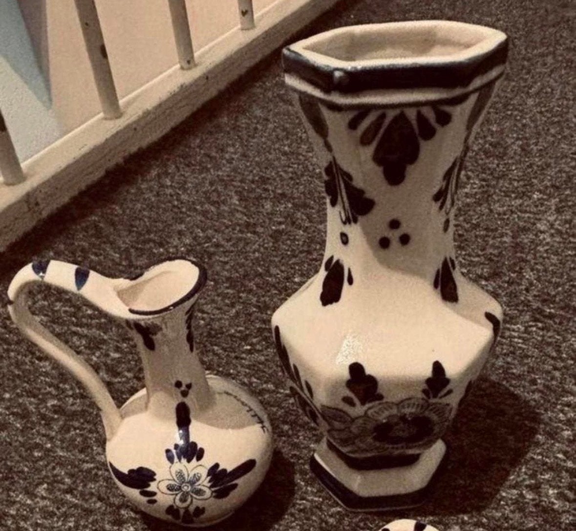 Vintage Delfts blauw kruikje en bloemenvaas set met molens, Ophalen of Verzenden