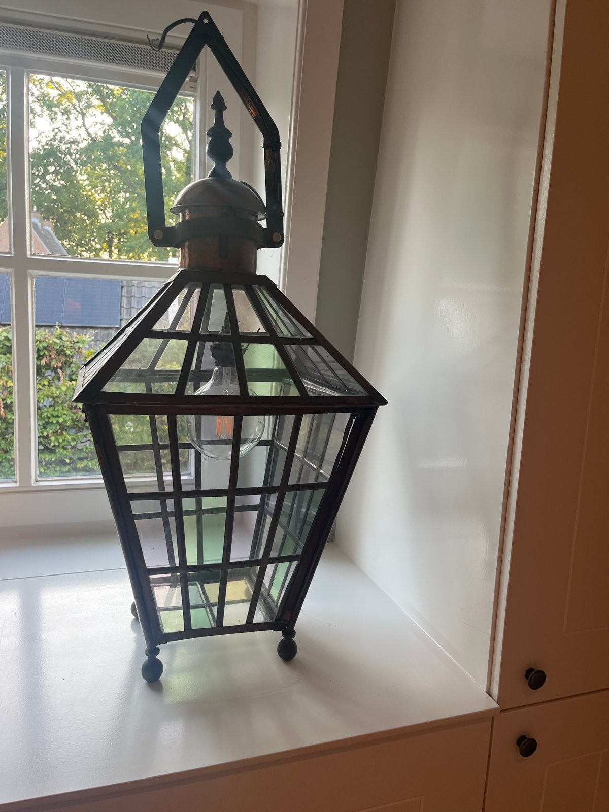 Bijzondere koperen glas-in-lood lantaarnlamp, 94 cm hoog, Ophalen