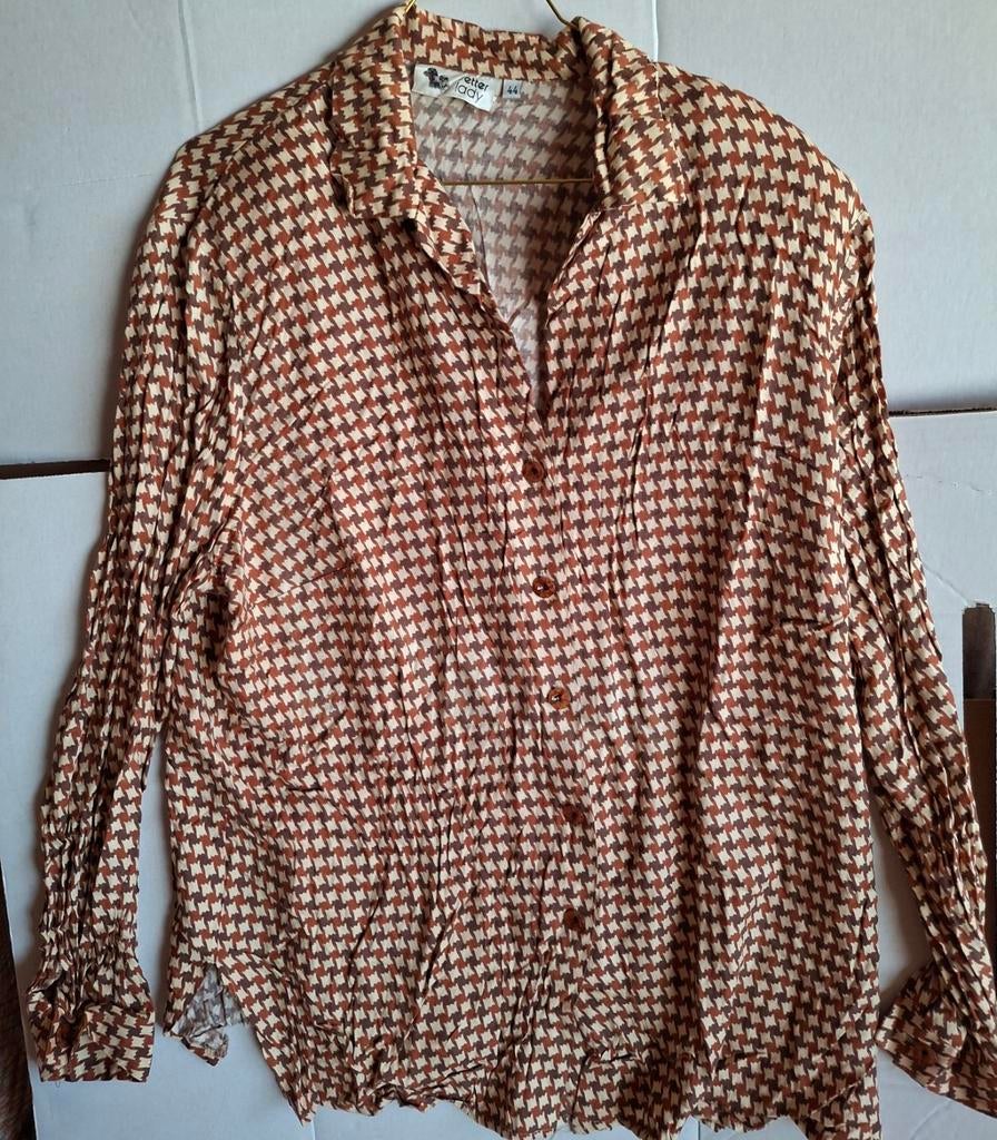 Vintage Setter Lady Blouse Viscose Jaren 80 Pied-de-poule, Kleding | Dames, Bruin, Maat 42/44 (L), Ophalen of Verzenden, Zo goed als nieuw