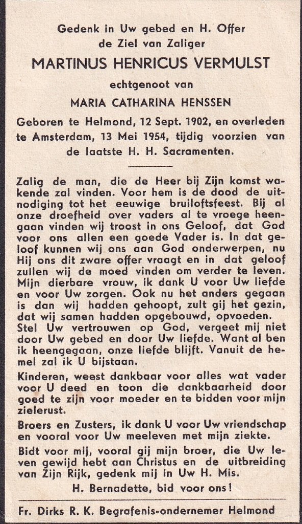 Vermulst 1902 Helmond 1954 Amsterdam, Ophalen of Verzenden, Bidprentje