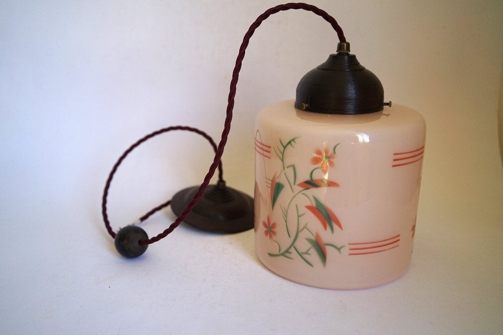 art deco hanglamp zalmroze glas bakeliet porselein bloem., Antiek en Kunst, Ophalen of Verzenden