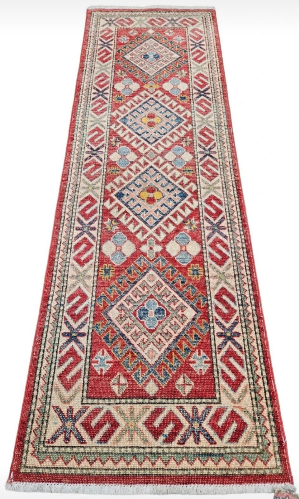 Handgeknoopt oosters wol Kazak tapijt loper koraal 64x205cm