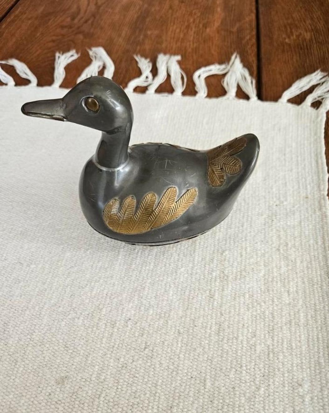 Tinnen eendje met koper beslag 15x13  cm, Ophalen of Verzenden