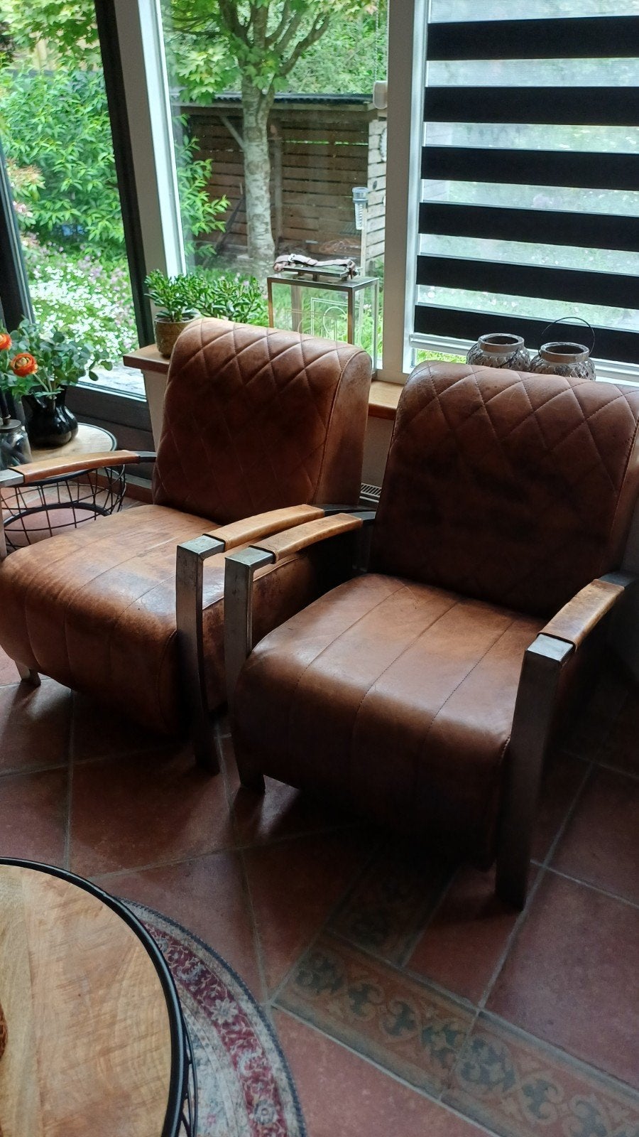 2 stoelen bruin leer ijzer, Ophalen, Twee, Bruin, Leer
