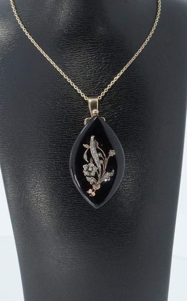 Medaillon parel onyx 14k gouden hanger antiek ketting foto, Verzenden, Goud, Hanger, Met edelsteen