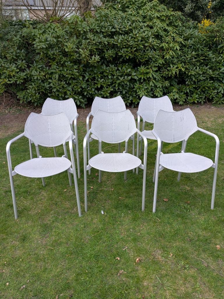 6 lichtgrijze tuinstoelen - Gebruikt, Ophalen, Gebruikt, Metaal