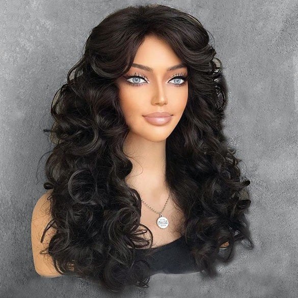 Pruik lang haar met krullen donker chocobruin, Sieraden, Tassen en Uiterlijk, Uiterlijk | Haarverzorging, Verzenden, Nieuw, Pruik of Haarverlenging