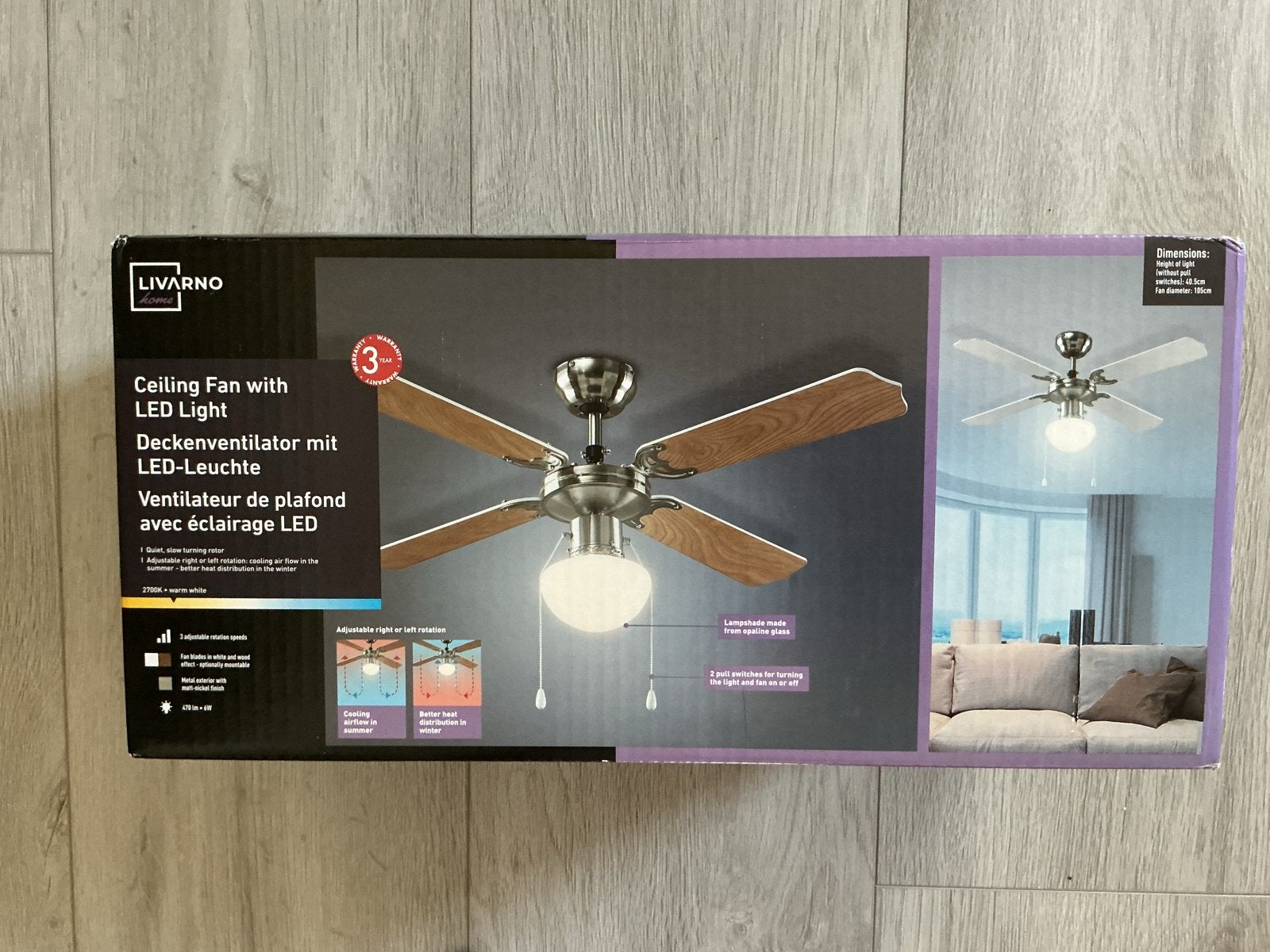 LIVARNO HOME Plafondventilator met LED-licht - Nieuw in verp, Ophalen of Verzenden, Nieuw, Metaal, Minder dan 50 cm