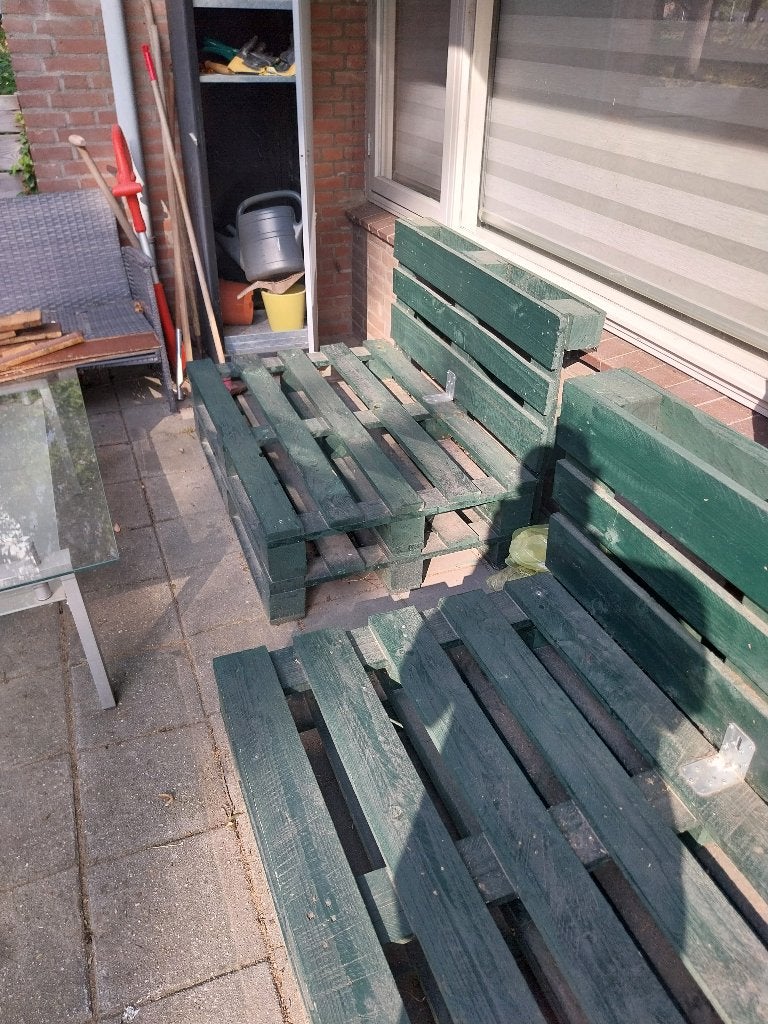 3 houten pallet banken met bijbehorende kussens, Tuin en Terras, Ophalen, Gebruikt, Hout