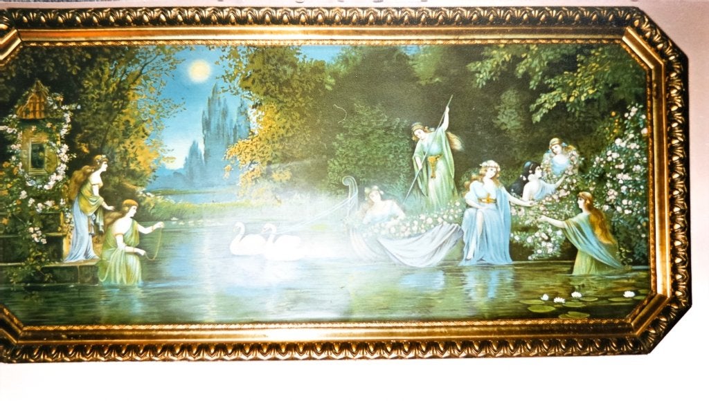gezocht schilderij Nimfen/Feeën en zwanen bij een meertje, Antiek en Kunst, Ophalen, Klassiek, Landschap
