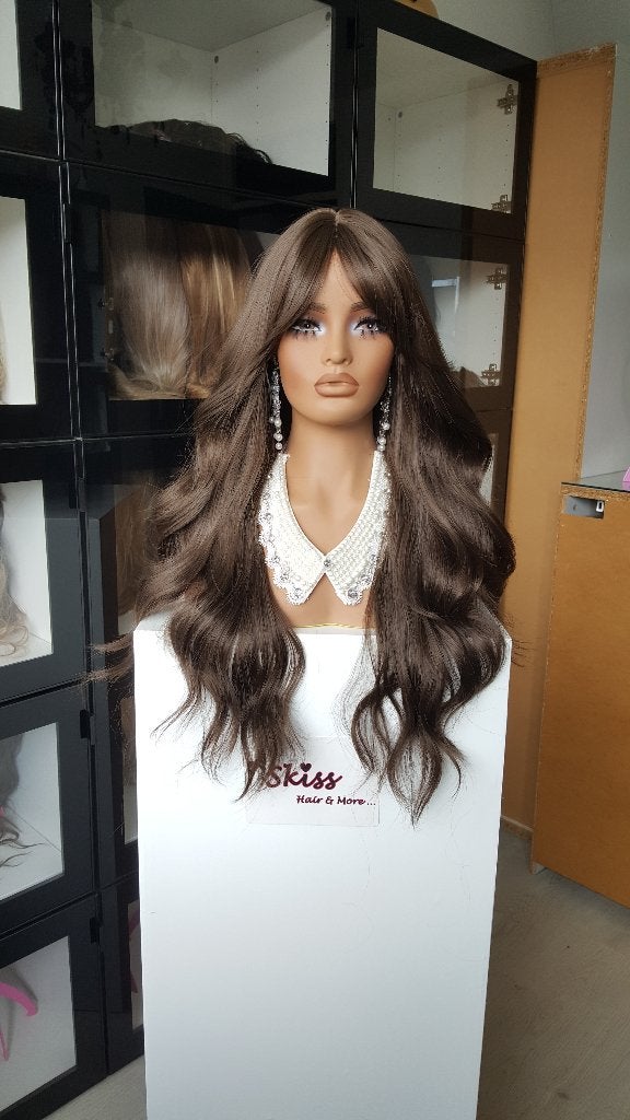 Pruik Pony/Lok: Gemêleerd Midden Bruin - Lang - Slag, Ophalen of Verzenden, Nieuw, Pruik of Haarverlenging