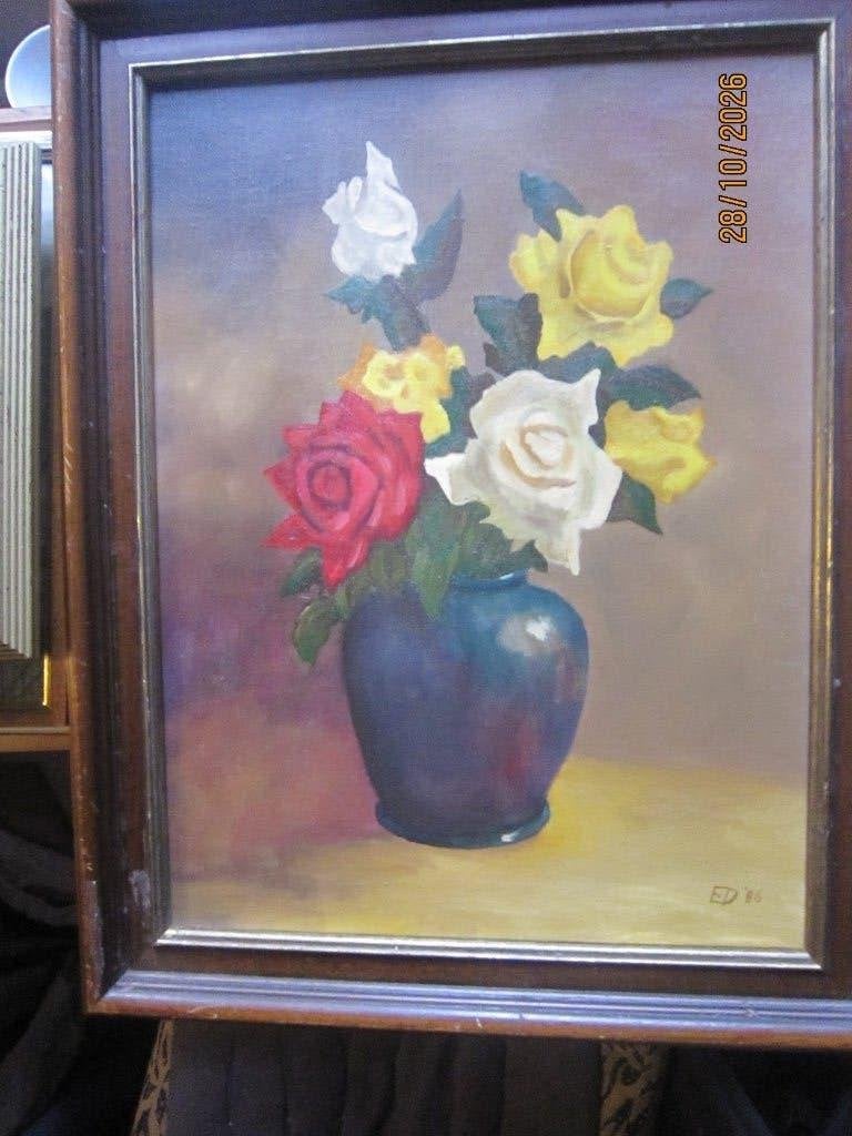 Mooi olieverf schilderij met"  oude rozen "gesigneerd, Ophalen, Bloemen