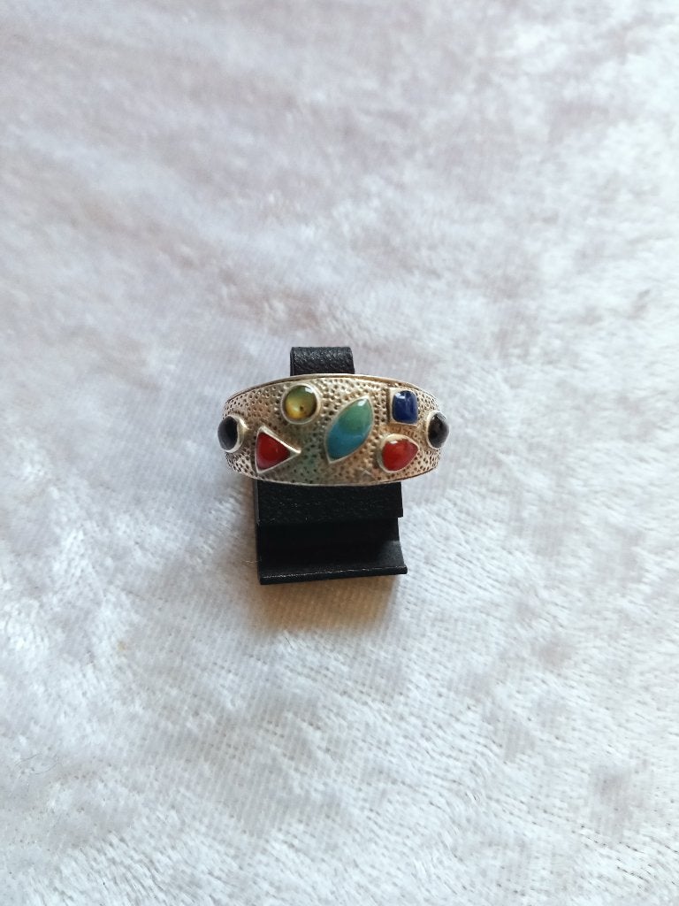 Mooie Zilveren Ring met Turkois - Carneool - Zwarte Onix en, Sieraden, Tassen en Uiterlijk, Antieke sieraden, Verzenden, Zilver