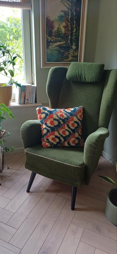 Donker groene fauteuil antiek met vintage elementen stoel, Huis en Inrichting, Fauteuils, Ophalen, Gebruikt, 75 tot 100 cm, 50 tot 75 cm