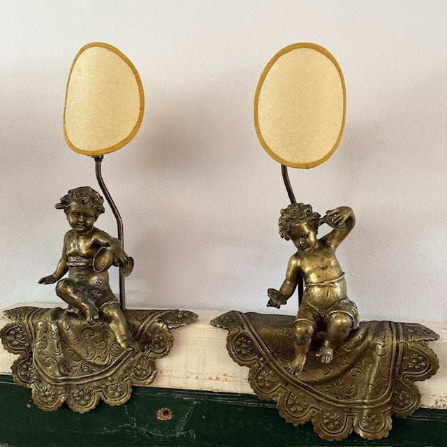 2 brons vergulde lampen, antiek, barok, putti, engel, 1900, Ophalen of Verzenden