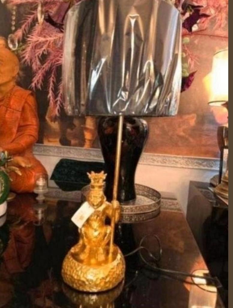 Gouden Apenlamp met Kroon - Unieke Tafellamp, 50 tot 75 cm, Nieuw, Ophalen of Verzenden, Stof